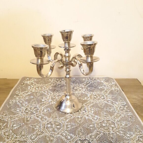5 Arm Baby Candelabra Silver Glossy 8 Inch Taper Candle Holders - Picture 7 of 14